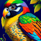 Colorful Bird Illustration with Detailed Feathers on Blue Background