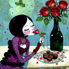 Illustration of woman with black hair smelling rose and butterfly on table