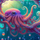 Colorful Octopus Underwater Scene with Bubbles and Marine Plants