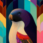 Colorful Seal Illustration with Patterned Body and Waves Background