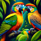 Colorful Parrots Among Green Leaves: Vibrant Illustration of Three Birds, Two Facing Each Other