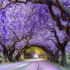 Surreal Purple Foliage Arching Over Walkway with Scattered Sunlight