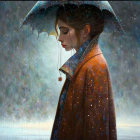 Woman in star-patterned coat with umbrella in contemplative rain scene