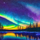Majestic Aurora Borealis above Forest and Lake at Night