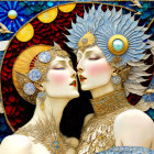 Illustration of man and woman in embrace with elaborate headdresses against cosmic backdrop
