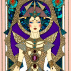 Detailed Art Nouveau style illustration of a woman with jeweled headpiece and ornate attire.