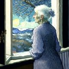 Elderly woman with white hair looking at snowy landscape with swirling sky.
