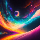 Colorful digital artwork of cosmic scene with neon swirls and celestial bodies