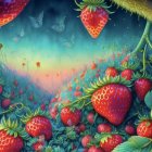 Vibrant painting of oversized strawberries and butterflies in mystical twilight scene