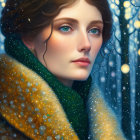 Digital portrait of woman with wavy hair, red lips, in speckled coat, snowy background
