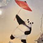 Illustration of panda with red umbrella floating in air with dog and items