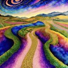 Colorful Watercolor Painting of Winding Path Through Stylized Hills