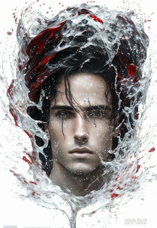 Man's face in water splash with red streaks on white background