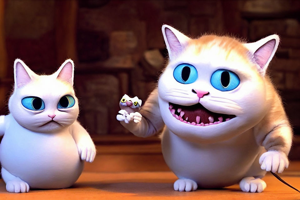 Two animated cats with large blue eyes in a warmly lit room, one holding a mouse.