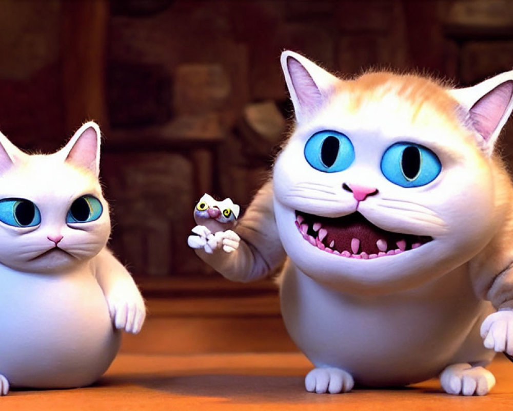 Two animated cats with large blue eyes in a warmly lit room, one holding a mouse.