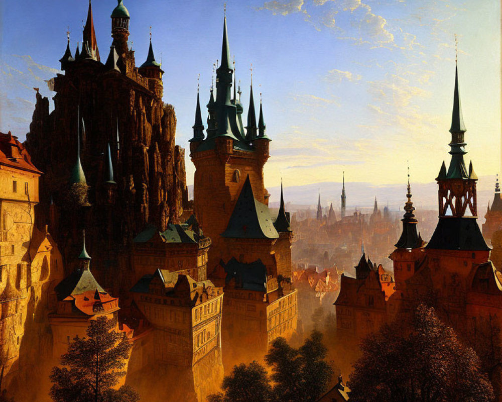 Medieval city with gothic towers and spires in warm sunlight