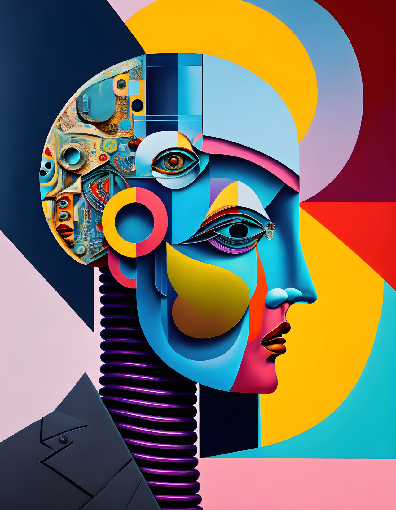 Vibrant digital artwork: stylized robotic human face with mechanical parts on abstract geometric background