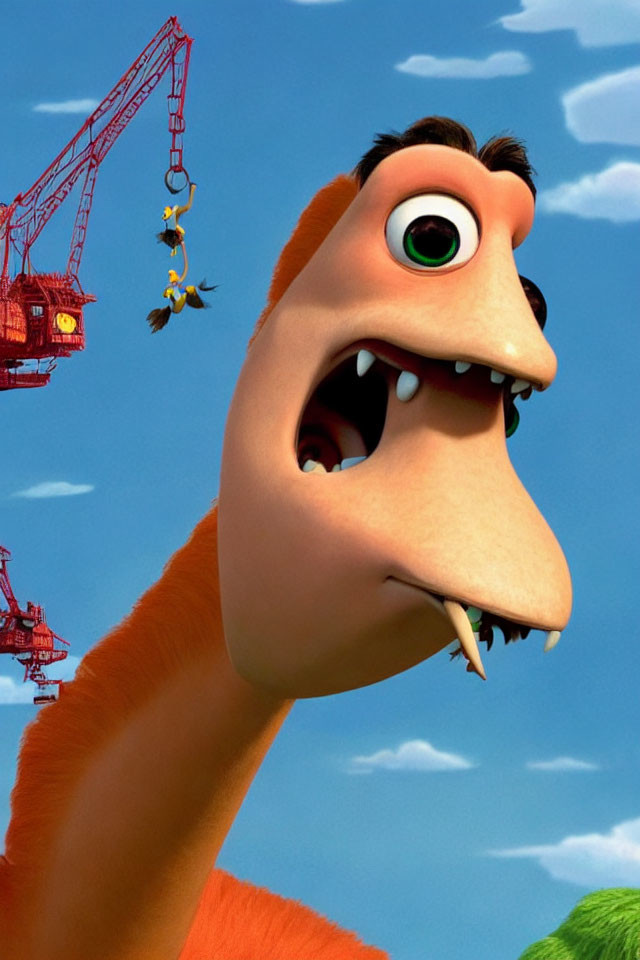Surprised animated dinosaur with green eyes and bee on snout in blue sky.