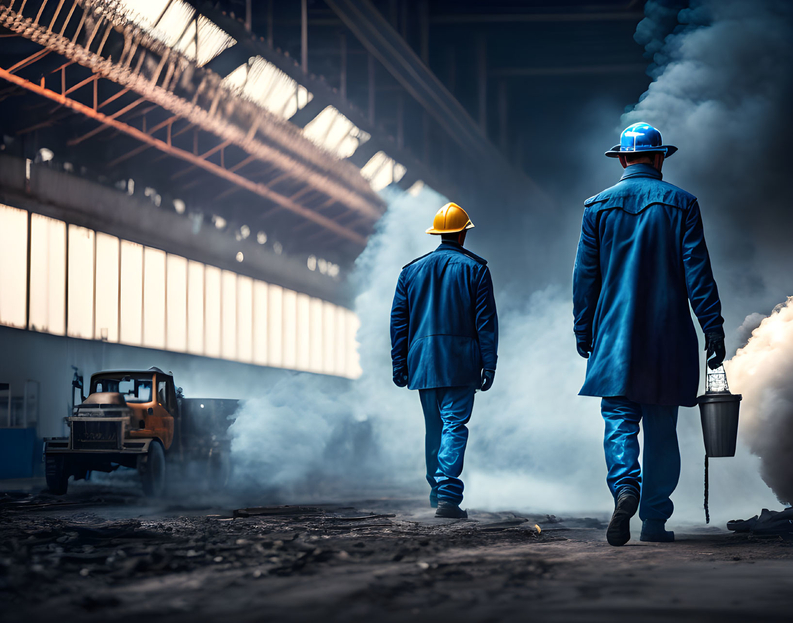 Industrial site workers in hard hats and blue overalls amidst heavy machinery
