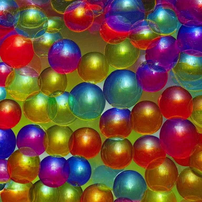 Vibrant translucent marbles in red, green, blue, and yellow hues.