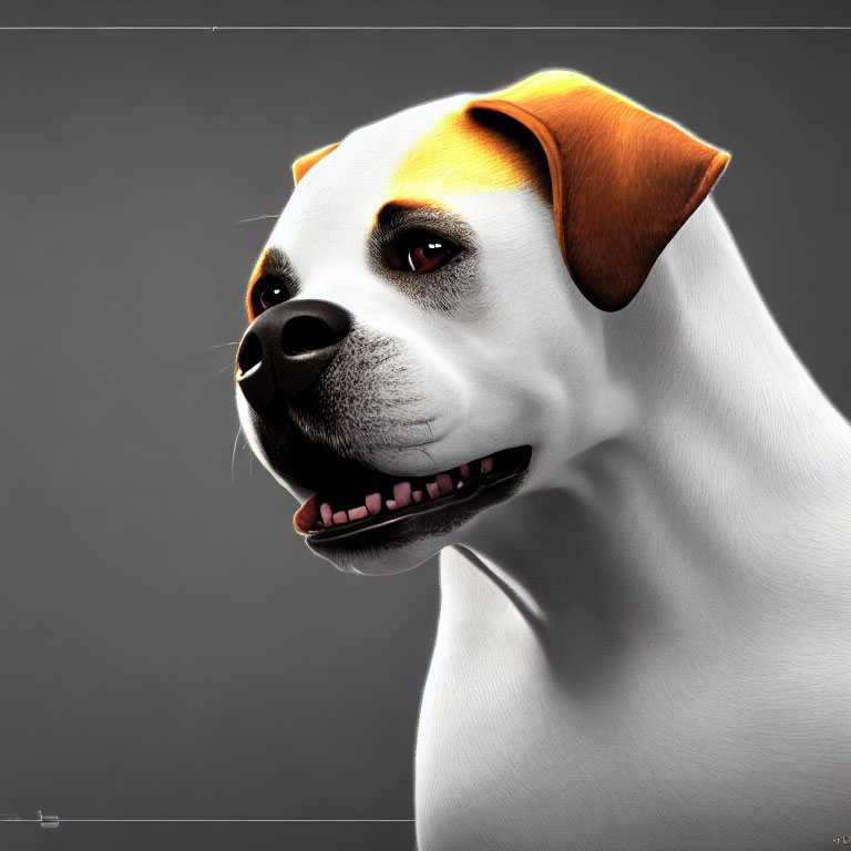 Happy Dog with White and Light Brown Coat in 3D Render on Gray Background