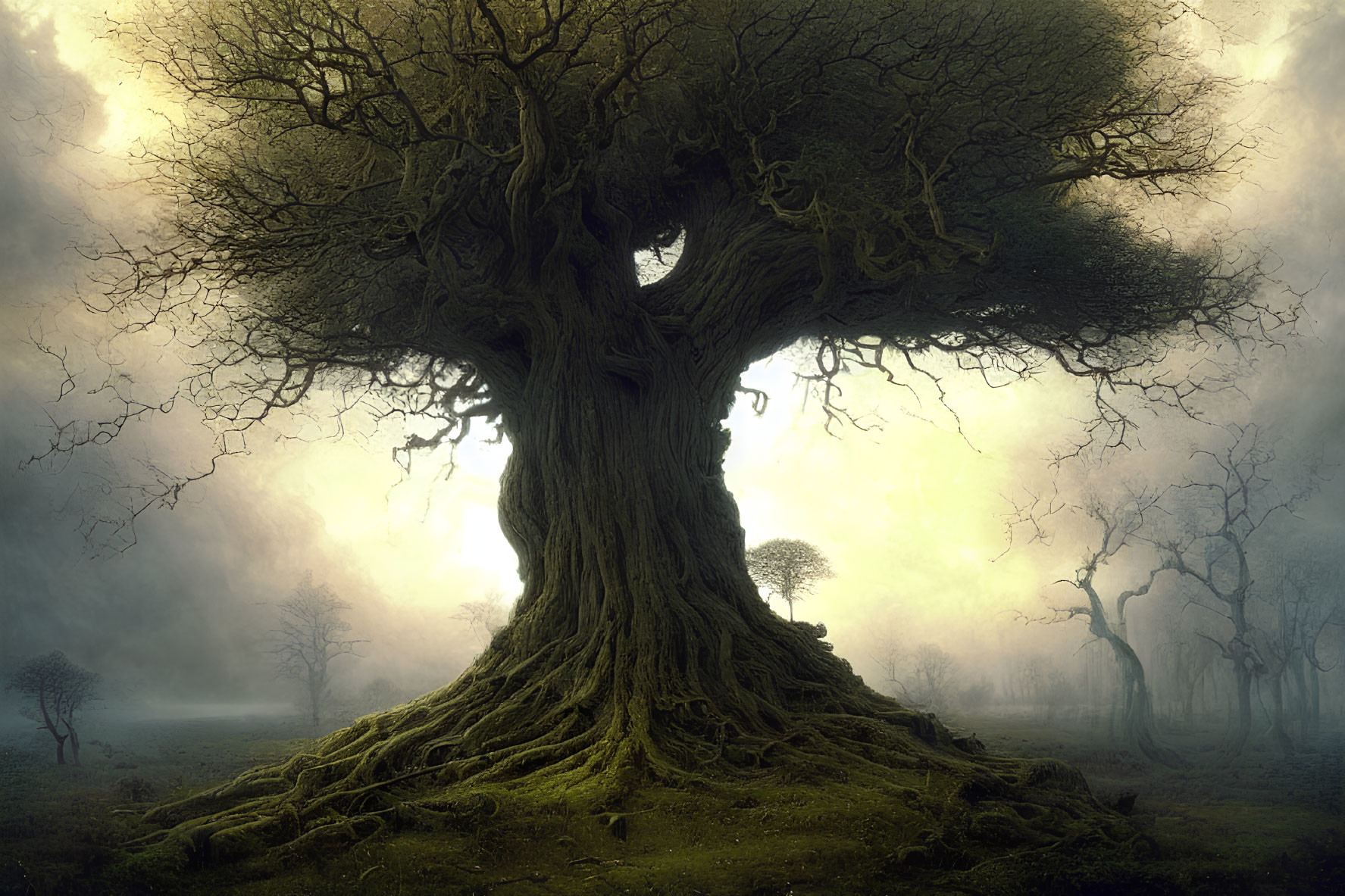Ancient tree in misty forest landscape with sprawling branches