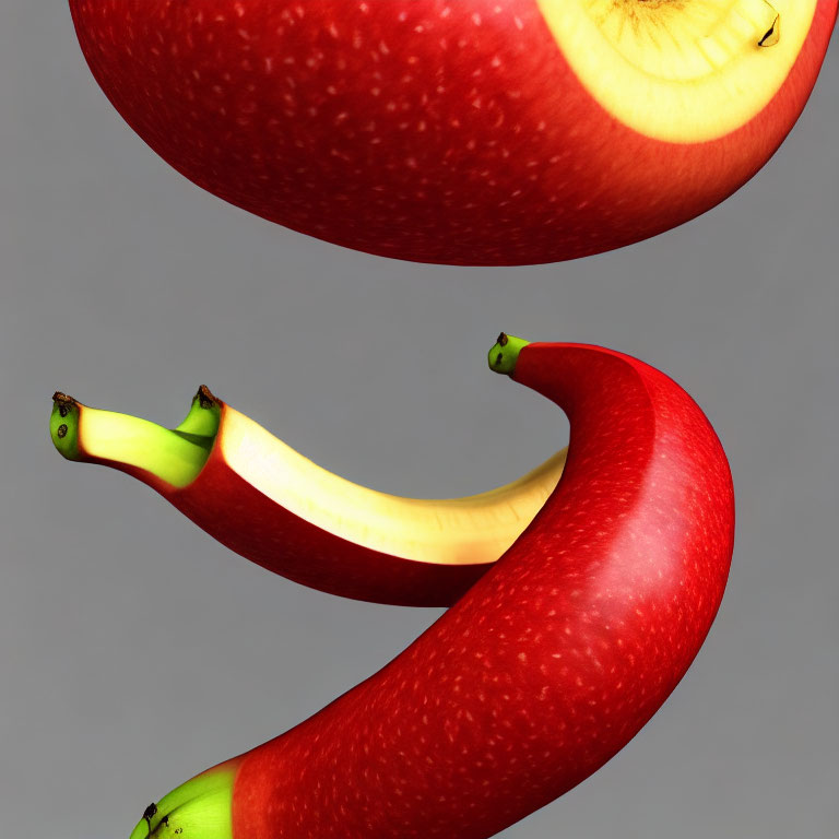 Digital Artwork: Bananas with Red Apple Skin Textures on Neutral Background