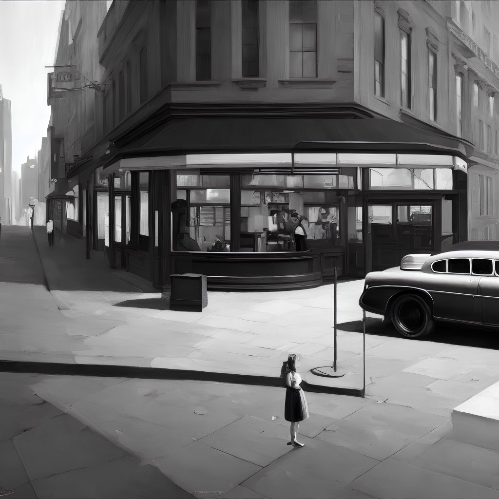 Vintage grayscale street scene with girl, classic car, and diner.