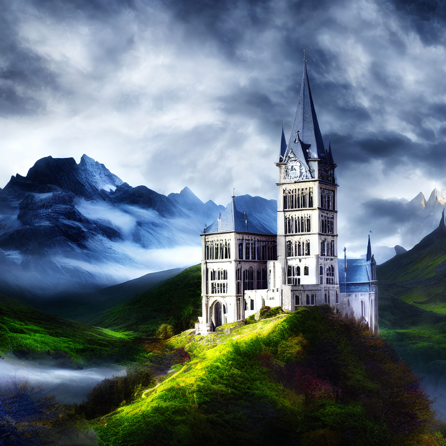 Majestic castle on lush green hill with mountains and dramatic sky