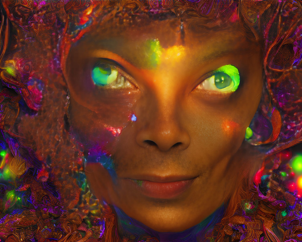 Colorful digital portrait of a woman with glowing green eyes and intricate patterns