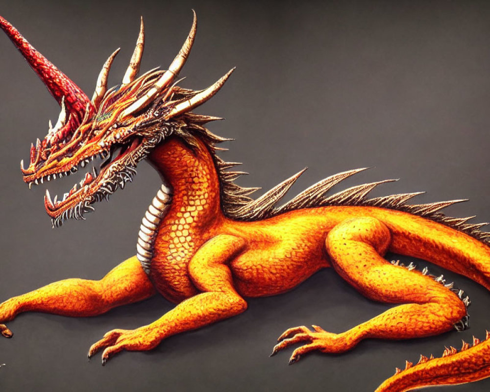 Orange Dragon with Multiple Horns and Sharp Teeth in Side Profile