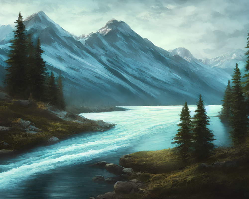 Tranquil digital painting of turquoise river in mountain landscape