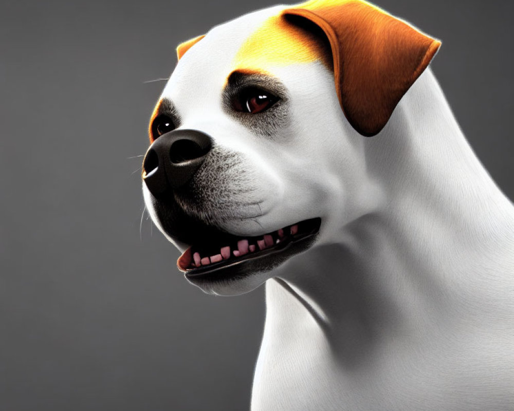 Happy Dog with White and Light Brown Coat in 3D Render on Gray Background