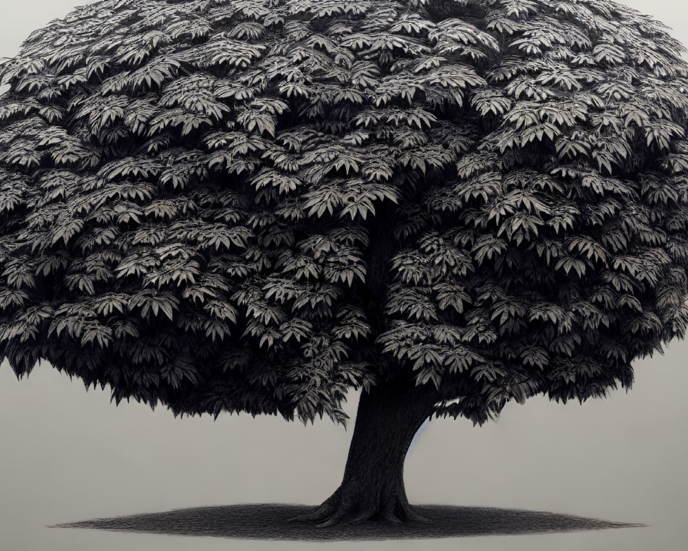 Detailed monochrome illustration of dense, leafy tree with textured leaves and thick canopy casting shadow.