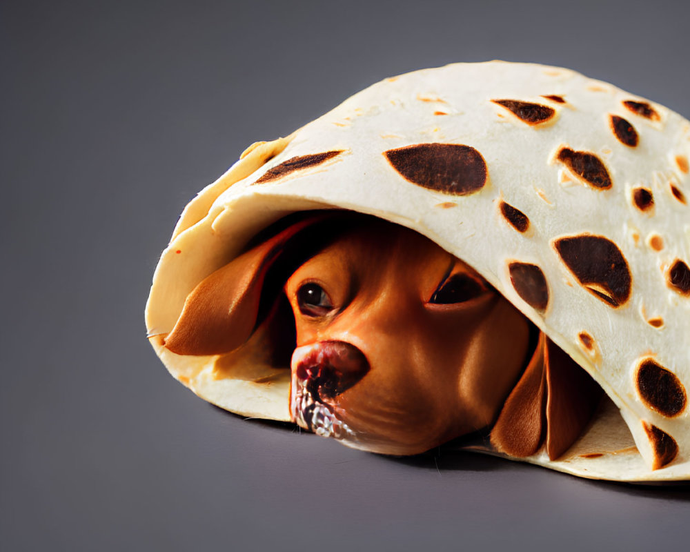 Dog head poking out of tortilla wrap on gray background