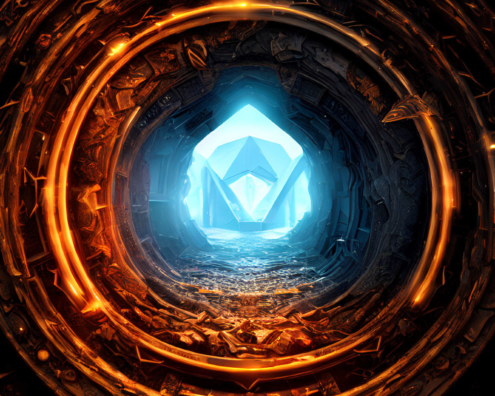 Sci-fi themed glowing portal with central blue crystal surrounded by metallic structures