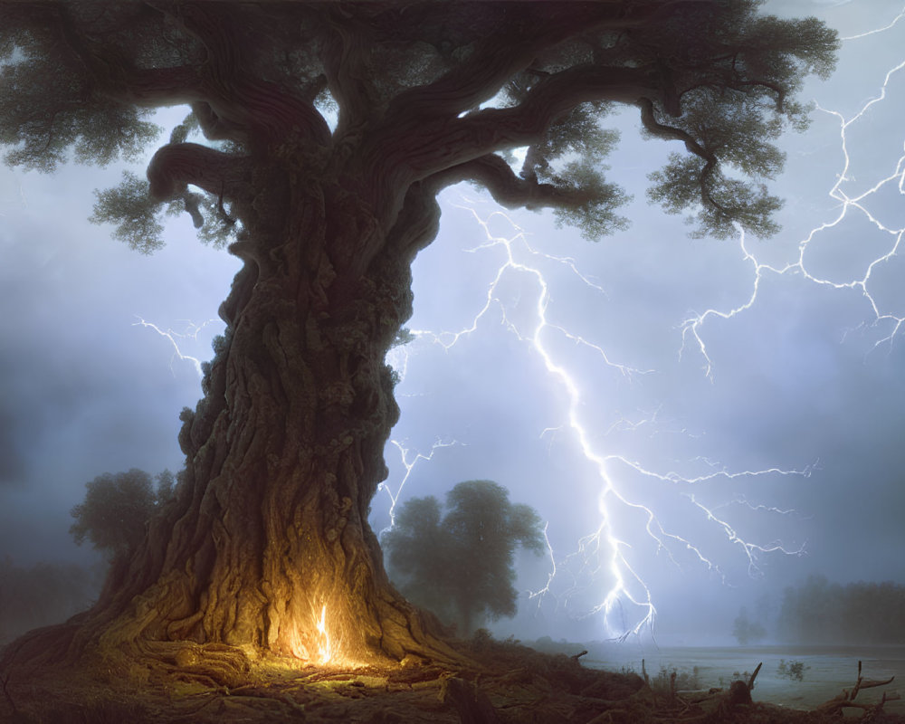 Ancient tree with hollow base illuminated under stormy sky