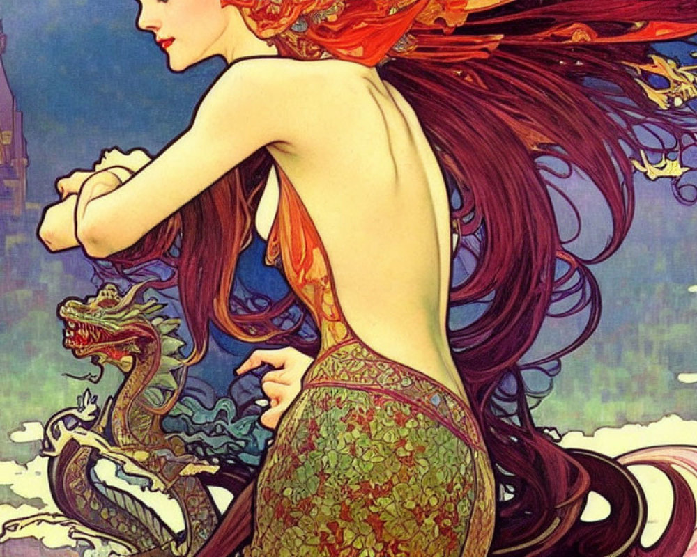 Art Nouveau Style Image of Woman with Red Hair and Dragon Castle Backdrop