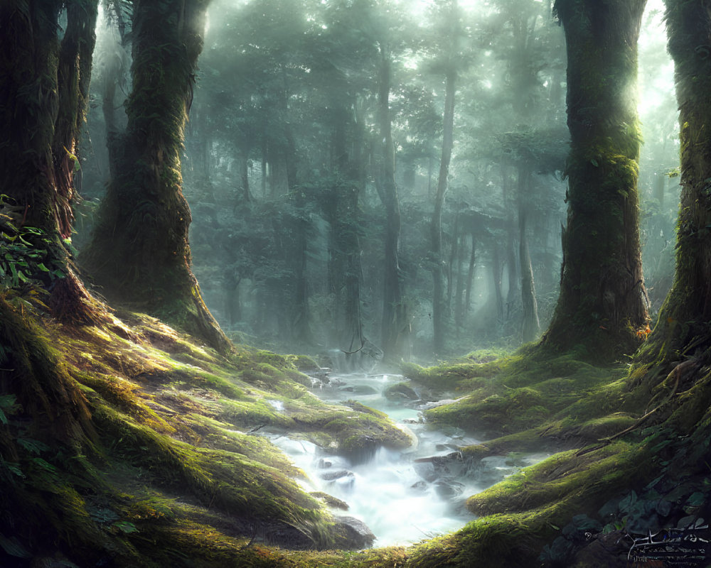 Misty forest scene with moss-covered trees and stream