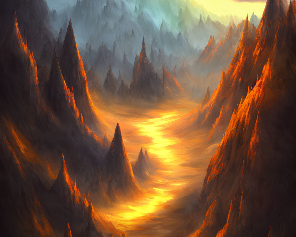 Vibrant sunset over rugged mountain range with orange and gold hues