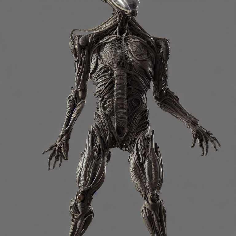 Intricate metallic humanoid sculpture with biomechanical designs