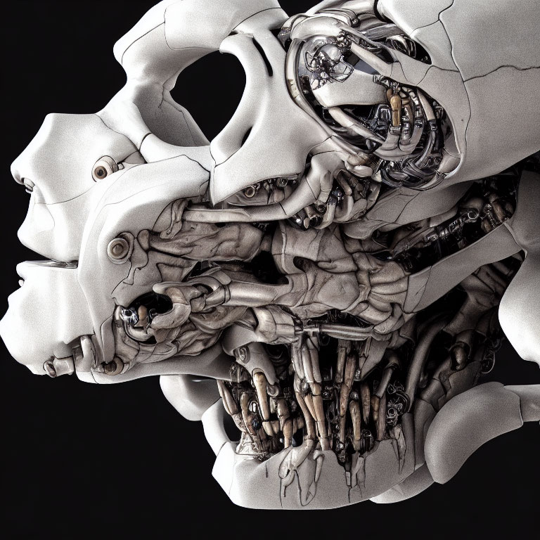Detailed 3D Illustration of Fragmented Mechanical Skull with Gears on Dark Background