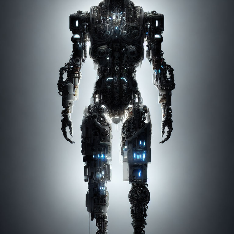 Detailed humanoid robot with intricate mechanical parts and blue glowing lights on grey background