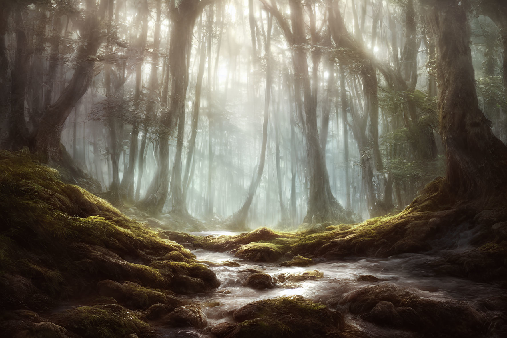 Misty Mossy Forest with Sunlight and Stream
