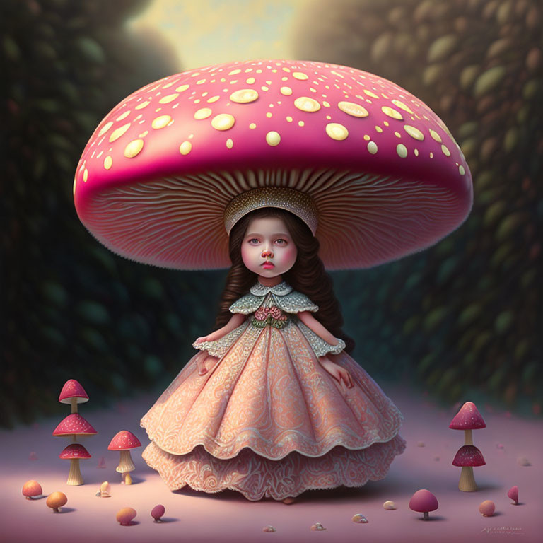 Surreal illustration of young girl with mushroom cap hat in colorful forest