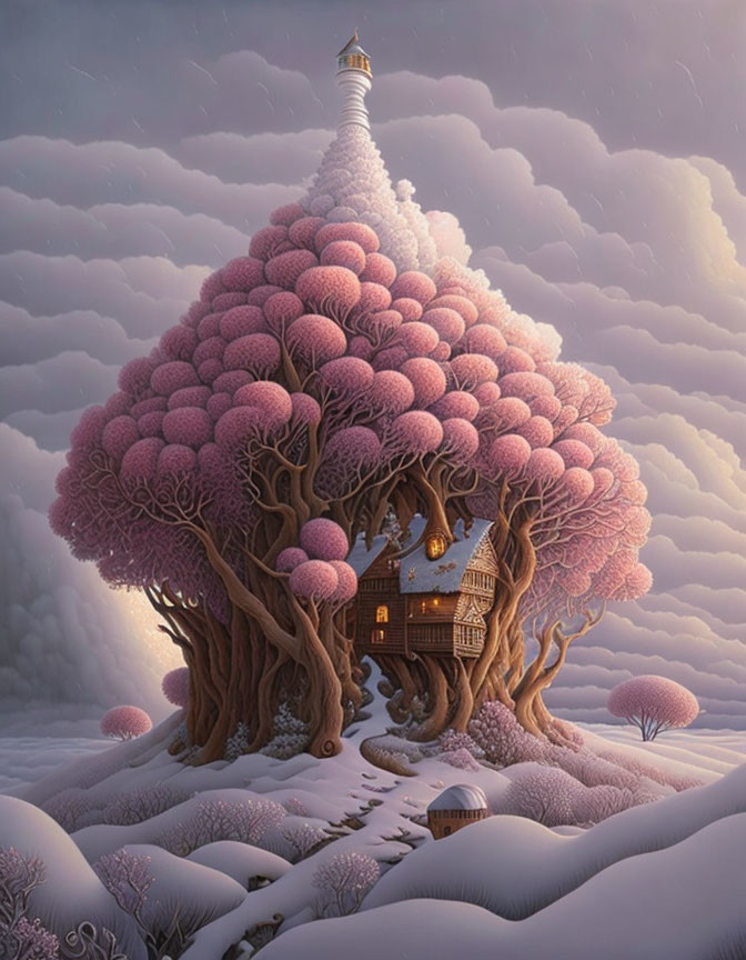 Whimsical painting of large tree with pink foliage, lighthouse, and cozy cottage in snowy landscape
