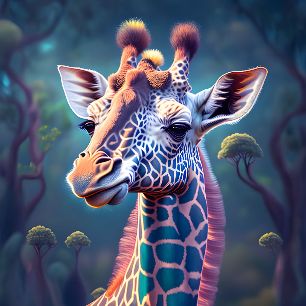 Cartoonish giraffe with blue pattern in forest setting