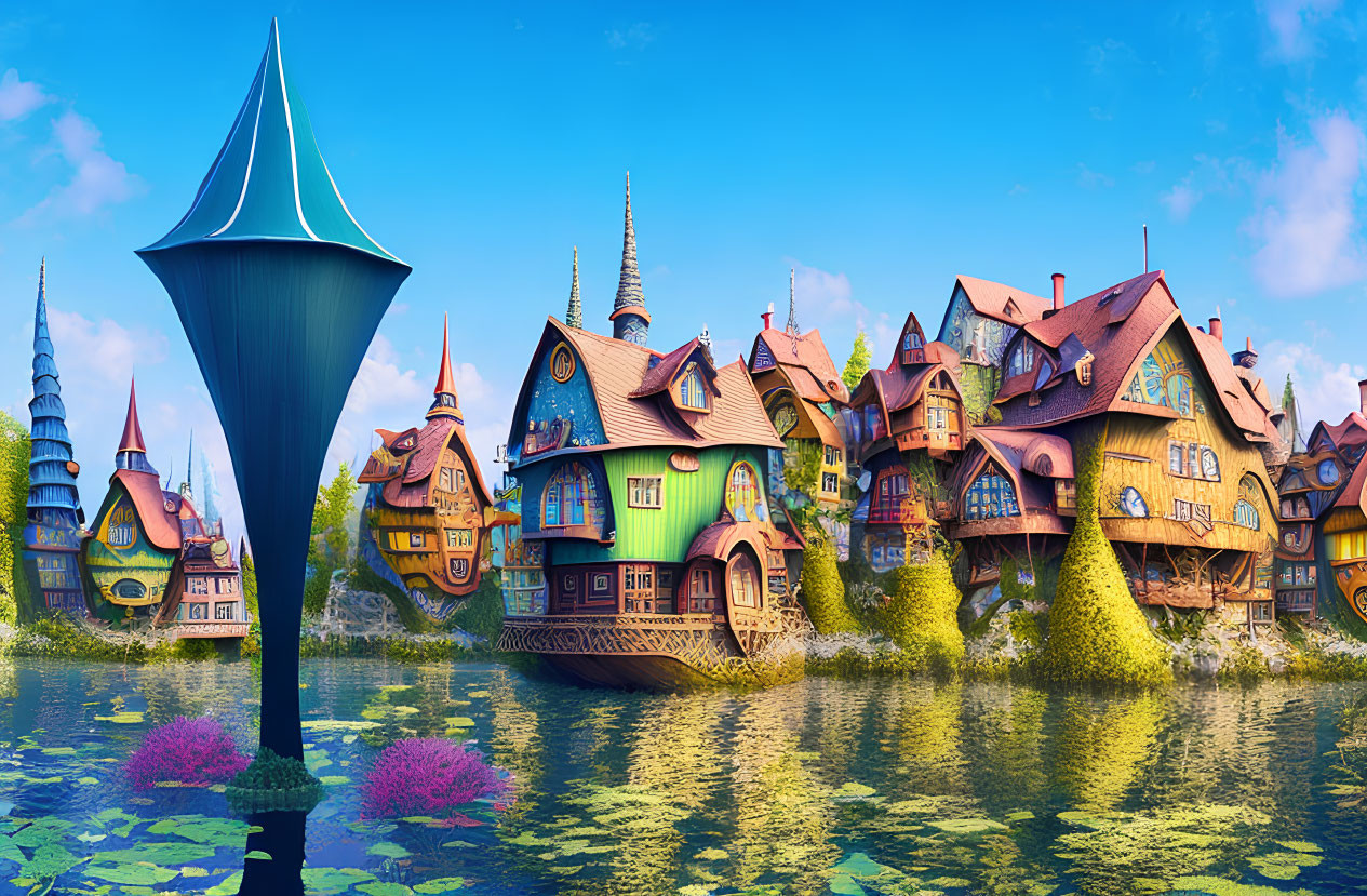 Whimsical fantasy village with vibrant architecture by reflective water