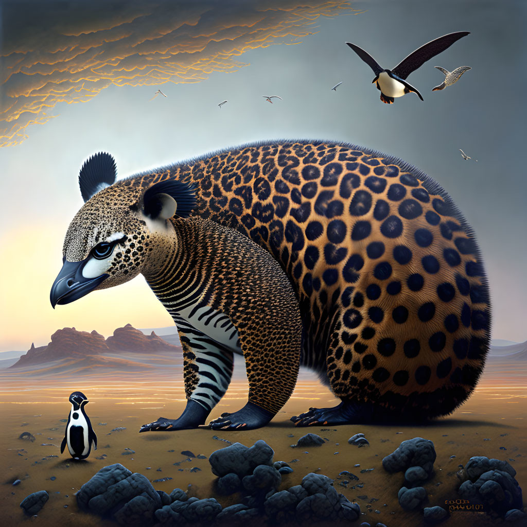 Hybrid animal surreal art in desert landscape with flying birds