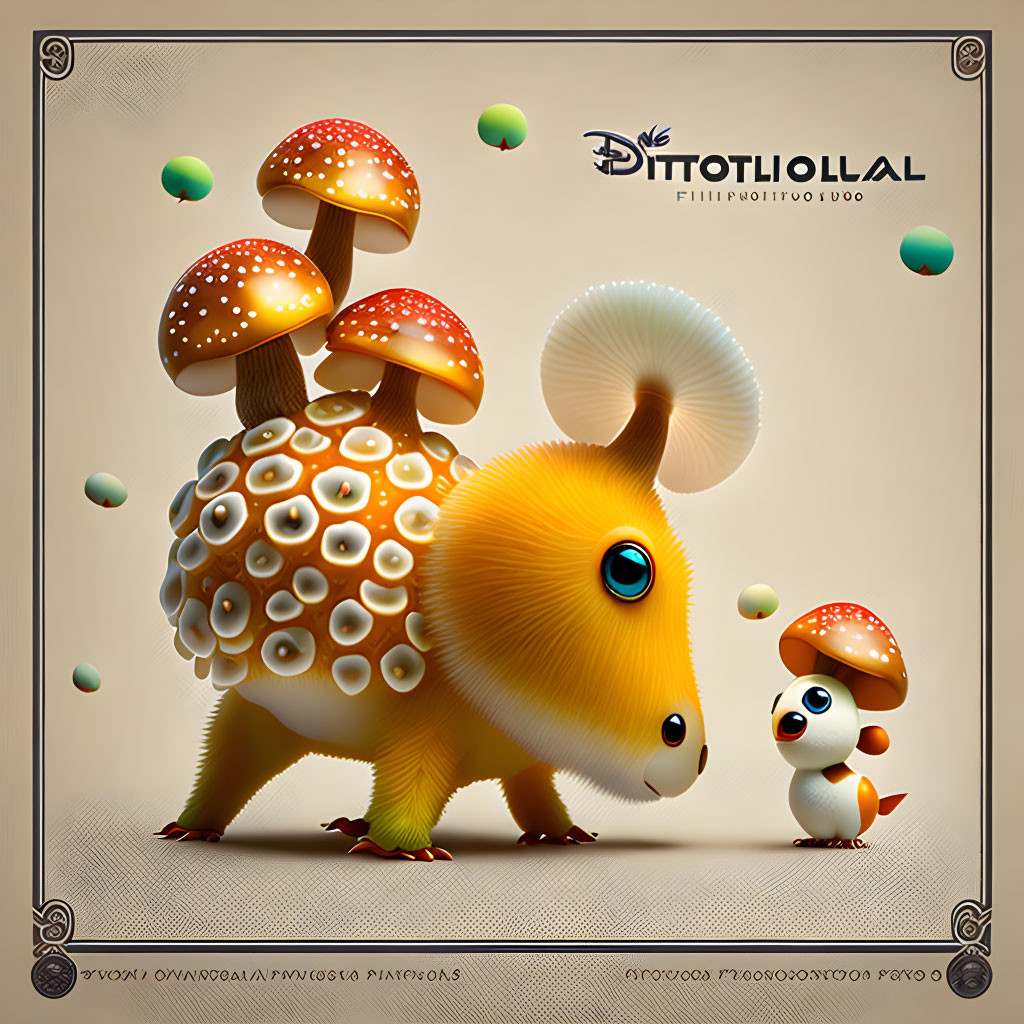 Illustration of hedgehog-tortoise creature with mushroom back, alongside small companion with expressive eyes